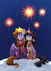 Size: 2934x4096 | Tagged: safe, artist:28gooddays, derpibooru import, oc, unofficial characters only, pegasus, pony, unicorn, :o, breath, clothes, duo, fireworks, floppy ears, high res, horn, hug, image, jpeg, leg warmers, lineless, looking up, night, open mouth, scarf, sitting, smiling, snow, striped leg warmers, striped scarf, winghug, wings, winter