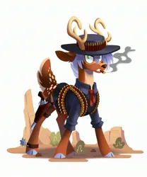 Size: 2340x2812 | Tagged: safe, artist:28gooddays, derpibooru import, oc, unofficial characters only, deer, angry, bandolier, cigar, clothes, cowboy, gun, gunslinger, handgun, hat, high res, holster, image, jpeg, lineless, revolver, simple background, smoking, solo, spurs, weapon, white background