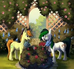 Size: 3421x3228 | Tagged: safe, artist:28gooddays, derpibooru import, oc, unofficial characters only, earth pony, pony, basket, bush, cowboy hat, duo, flower, garden, hat, high res, image, jpeg, mouth hold, rose, watering can