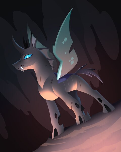 Size: 3000x3757 | Tagged: safe, artist:28gooddays, derpibooru import, oc, unofficial characters only, changeling, cave, high res, image, indoors, jpeg, lineless, low angle, solo, spread wings, wings