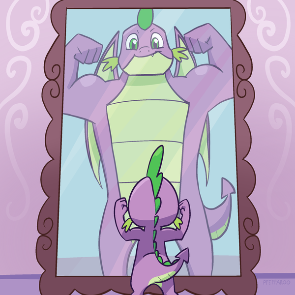 Size: 2048x2048 | Tagged: safe, artist:pfeffaroo, derpibooru import, spike, dragon, g4, the last problem, adult, adult spike, cute, drake, flexing, gigachad spike, high res, image, looking at someone, looking at something, male, mirror, my little pony, older, older spike, png, pose, reflection, solo, spikabetes, standing, winged spike, wingless spike, wings