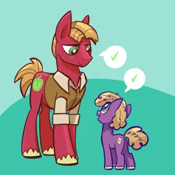 Size: 2048x2048 | Tagged: safe, artist:pfeffaroo, derpibooru import, big macintosh, little mac, earth pony, pony, g4, check mark, clothes, colt, cute, duo, duo male, eeyup, father and child, father and son, foal, freckles, high res, image, like father like son, like parent like child, looking at each other, looking at someone, looking down, looking up, male, older big macintosh, open mouth, pictogram, png, smiling, speech bubble, stallion, standing, three quarter view, unshorn fetlocks