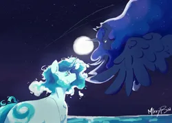 Size: 2048x1463 | Tagged: safe, artist:mikkybun, derpibooru import, princess luna, oc, alicorn, original species, pony, unicorn, water pony, g4, duo, female, flying, full moon, horn, image, jpeg, looking at each other, looking at someone, mare, moon, signature, smiling, smiling at each other, water