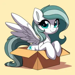 Size: 1144x1144 | Tagged: safe, artist:495pygly, derpibooru import, oc, oc:frostwing blade, unofficial characters only, pegasus, pony, big eyelashes, big eyes, box, caption, cardboard box, cute, detailed wings, digital art, fanart, fluffy mane, folded wings, front view, gradient mane, happy, image, image macro, long mane, photo, png, smiling, solo, spread wings, text, two toned mane, wavy mane, wings