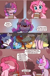 Size: 960x1440 | Tagged: safe, artist:cold-blooded-twilight, derpibooru import, edit, applejack, fluttershy, pinkie pie, rainbow dash, rarity, twilight sparkle, earth pony, pony, unicorn, cold blooded twilight, comic:cold storm (ru), g4, alternate design, aura, blushing, comic, cute, cute little fangs, cyrillic, dialogue, eyepatch, eyes closed, fangs, female, flower, flower in hair, glow, glowing eyes, horn, hot sauce, image, implied cup cake, looking at you, mare, open mouth, png, russian, shadow, speech bubble, sweat, sweatdrop, tankard, translation, translator:agent00k0t, unicorn twilight