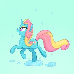 Size: 2048x2048 | Tagged: safe, artist:pfeffaroo, derpibooru import, dewdrop dazzle, pony, unicorn, g4, female, high res, horn, image, mare, open mouth, png, rain, running, simple background, solo, teal background