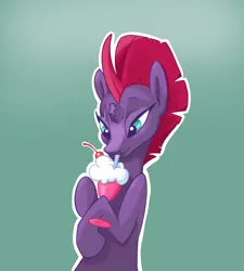 Size: 2000x2224 | Tagged: safe, artist:pfeffaroo, derpibooru import, fizzlepop berrytwist, tempest shadow, pony, unicorn, g4, broken horn, bust, cherry, cute, drink, drinking, eye scar, facial scar, female, food, gradient background, high res, horn, image, mare, milkshake, outline, png, scar, solo, straw, tempestbetes, white outline