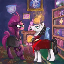 Size: 2048x2048 | Tagged: safe, artist:pfeffaroo, derpibooru import, chancellor neighsay, princess platinum, tempest shadow, pony, unicorn, g4, book, bookshelf, broken horn, bust, cloak, clothes, duo, duo male and female, eye scar, facial scar, female, fireplace, frame, frown, globe, glow, glowing horn, high res, horn, image, indoors, looking at each other, looking at someone, magic, magic aura, male, mare, png, portrait, raised hoof, rug, scar, shipping, stallion, standing, statue, straight, tempest neighsay, vase