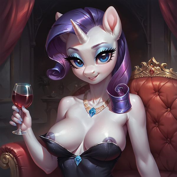 Size: 1024x1024 | Tagged: questionable, ai content, machine learning generated, prompter:davshell, rarity, anthro, unicorn, g4, alcohol, black dress, breasts, clothes, couch, diamond, dress, exposed breasts, exposed nipples, female, generator:pony diffusion v6 xl, glass, horn, image, jewelry, looking at you, necklace, nipple slip, nipples, nudity, png, sitting, smiling, smiling at you, solo, solo female, strapless dress, upper body, wardrobe malfunction, wine, wine glass