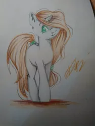 Size: 453x604 | Tagged: safe, artist:dorry, derpibooru import, oc, unofficial characters only, pony, unicorn, colored pencil drawing, female, female oc, full body, green eyes, horn, image, jpeg, looking at you, mare, mare oc, old art, signature, simple background, solo, traditional art, unicorn oc, walking