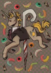 Size: 1748x2480 | Tagged: semi-grimdark, artist:69elitegamer69, derpibooru import, oc, unofficial characters only, pony, unicorn, abstract background, blood, candy, candy cane, carousel, carousel horse, clothes, eyeball, eyes closed, food, horn, image, impalement, male, png, solo, stallion, sweets, tooth, zine:my little fanzine