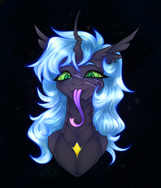 Size: 3000x3500 | Tagged: safe, artist:march, derpibooru import, oc, unofficial characters only, changeling, black background, bust, cute, eye clipping through hair, female, forked tongue, image, looking at you, png, portrait, scar, simple background, slit pupils, smiling, solo, tongue out