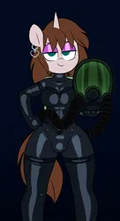 Size: 698x1280 | Tagged: suggestive, artist:belaboy, ponerpics import, oc, oc:chloe adore, unofficial characters only, anthro, breasts, clothes, crotch bulge, female, gas mask, gloves, image, jpeg, latex, latex gloves, latex suit, mask, solo, solo female