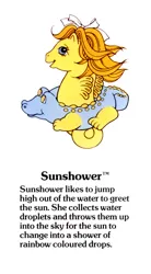 Size: 550x1000 | Tagged: safe, derpibooru import, official, sun shower, alligator, pony, sea pony, g1, baby sea pony, bow, cute, female, floaty, g1 adorashower, g1 backstory, hair bow, image, jpeg, mare, my little pony fact file, open mouth, open smile, pool toy, simple background, smiling, solo, text, trademark, white background