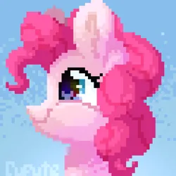 Size: 480x480 | Tagged: safe, artist:cupute, derpibooru import, pinkie pie, earth pony, pony, g4, big ears, blue background, bust, curly hair, curly mane, cute, diapinkes, digital art, ears up, female, gradient background, image, jpeg, looking to the left, mare, pink body, pink mane, pixel art, portrait, shading, shiny, sideways glance, simple background, solo, watermark