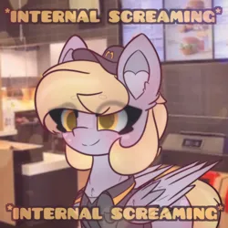 Size: 1920x1920 | Tagged: safe, artist:sodapop sprays, derpibooru import, part of a set, derpy hooves, pegasus, pony, series:derpy can't catch a break, g4, clothes, dead inside, eye clipping through hair, hat, image, internal screaming, mcdonald's, meme, part of a series, png, solo