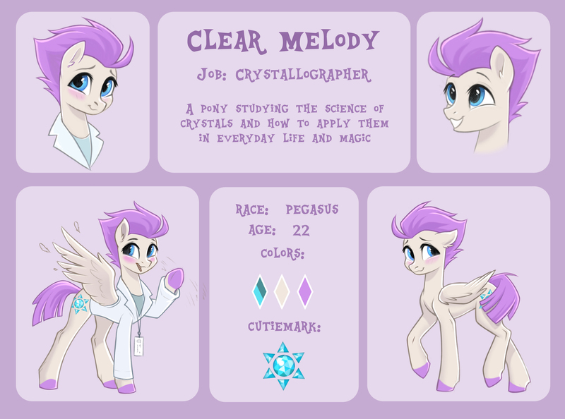 Size: 3500x2600 | Tagged: safe, artist:scheadar, derpibooru import, oc, oc:clear melody, unofficial characters only, pegasus, pony, fanfic:the eternity project, g4, access card, blushing, clothes, commission, commissioner:santander, fanfic art, grin, hiding behind tail, hoof polish, image, jpeg, lab coat, pegasus oc, reference sheet, smiling, solo, spread wings, text, waving, waving at you, wings