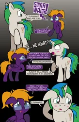 Size: 1920x2948 | Tagged: safe, artist:alexdti, derpibooru import, oc, oc:purple creativity, oc:star logic, unofficial characters only, pegasus, pony, unicorn, comic:quest for friendship retold, blushing, horn, image, male, png, stallion