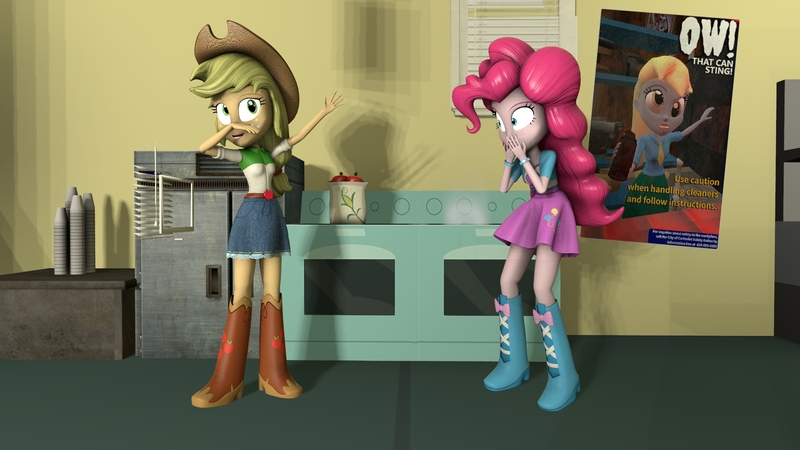 Size: 2048x1152 | Tagged: safe, artist:gaelgaming1, derpibooru import, applejack, derpy hooves, pinkie pie, trixie, human, equestria girls, g4, 3d, apple, applejack's hat, bracelet, cgi, clothes, cooking, covering mouth, cowboy hat, cup, cutie mark, cutie mark on clothes, female, flour, food, freckles, hair tie, hat, hoof boots, image, indoors, jewelry, jpeg, kitchen, necktie, ponytail, poster, shadow, shirt, shrunken pupils, skirt, smelly, smoke, source filmmaker, stove, wall eyed