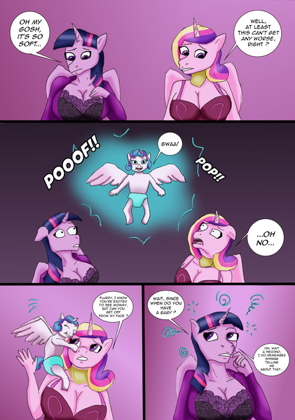 Size: 2444x3484 | Tagged: safe, artist:tf-plaza, derpibooru import, princess cadance, princess flurry heart, twilight sparkle, twilight sparkle (alicorn), alicorn, anthro, g4, baby flurry heart, breasts, cleavage, clothes, comic, dialogue, female, high res, human to anthro, image, implied shining armor, lingerie, mental shift, png, speech bubble, transformation, transformation sequence, transgender transformation