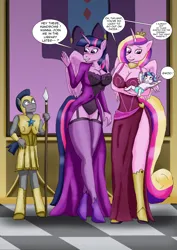 Size: 2456x3477 | Tagged: safe, artist:tf-plaza, derpibooru import, princess cadance, princess flurry heart, twilight sparkle, twilight sparkle (alicorn), oc, unnamed oc, alicorn, anthro, unguligrade anthro, g4, amazon, baby flurry heart, blushing, breasts, cleavage, clothes, comic, dialogue, dress, female, garter belt, high res, human to anthro, image, indoors, larger female, lingerie, male, png, post-transformation, royal guard, size difference, smaller male, socks, speech bubble, stockings, thigh highs, transformation