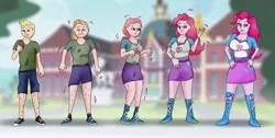 Size: 3468x1752 | Tagged: safe, artist:tf-plaza, derpibooru import, pinkie pie, human, equestria girls, g4, clothes, cupcake, female, food, high res, image, male, male to female, outdoors, png, rule 63, transformation, transformation sequence, transforming clothes, transgender transformation