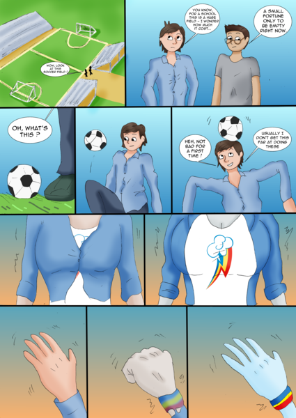 Size: 2469x3485 | Tagged: safe, artist:tf-plaza, derpibooru import, rainbow dash, human, equestria girls, g4, age regression, breasts, bust, clothes, comic, dialogue, duo, female, football, high res, image, male, male to female, outdoors, png, rule 63, soccer field, speech bubble, sports, transformation, transforming clothes, transgender transformation, younger