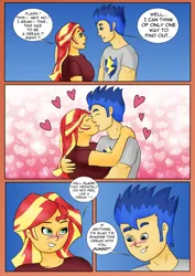 Size: 2480x3508 | Tagged: safe, artist:tf-plaza, derpibooru import, flash sentry, sunset shimmer, human, equestria girls, g4, blushing, comic, dialogue, duo, female, flashimmer, heart, high res, image, kiss on the lips, kissing, male, png, post-transformation, shipping, speech bubble, straight, transformation