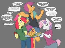 Size: 2151x1600 | Tagged: safe, artist:nudeknightart, derpibooru import, apple bloom, scootaloo, sweetie belle, anthro, earth pony, pegasus, plantigrade anthro, unicorn, g4, abuse, barefoot, buns, burger, cutie mark crusaders, feet, fetish, food, foodplay, foot fetish, french fries, hamburger, horn, image, ketchup, looking at each other, looking at someone, looking at you, one eye closed, plate, png, sandwich, sauce, scootabuse, simple background, smiling, soles, toes, wings