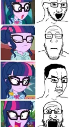 Size: 736x1308 | Tagged: safe, derpibooru import, edit, edited screencap, screencap, sci-twi, twilight sparkle, human, equestria girls, g4, chud, chudjak, comparison, comparison chart, glasses, image, jpeg, meme, open mouth, pinpoint eyes, screaming, soyjak, unamused, wojak