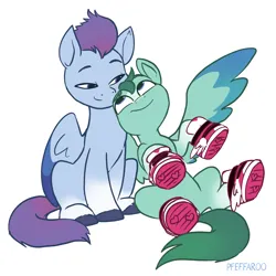 Size: 2048x2048 | Tagged: safe, artist:pfeffaroo, derpibooru import, pegasus, pony, g5, adorazoom, clothes, cute, duo, duo male and female, female, guardsmare, happy, high res, image, looking at each other, looking at someone, male, mare, png, royal guard, ship:zoomthunder, shipping, shoes, smiling, sneakers, stallion, straight, thunder flap, thundorable, wings, zoom zephyrwing