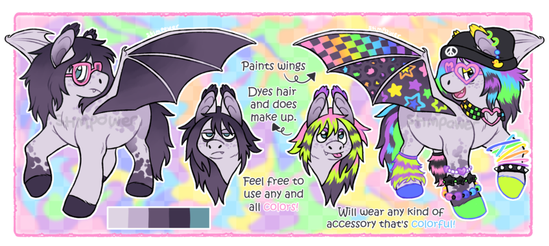 Size: 3342x1500 | Tagged: oc name needed, safe, artist:stimpower, derpibooru import, oc, unofficial characters only, bat pony, pony, >:d, >:p, bags under eyes, bat pony oc, bat wings, beanie, bracelet, choker, clothes, coat markings, colored hooves, colored wings, coontails, dappled, ear piercing, ear tufts, earring, eyeshadow, fangs, fluffy leg warmers, freckles, glasses, glow bracelets, gradient wings, hat, heart shaped glasses, hooves, image, jewelry, leg warmers, magical lesbian spawn, makeup, mismatched hooves, mismatched leg warmers, multicolored background, multicolored wings, offspring, open mouth, open smile, parent:inky rose, parent:moondancer, parents:inkydancer, patterned wings, piercing, png, purple eyeshadow, raised hoof, smiling, solo, spiked wristband, spread wings, striped leg warmers, teal eyes, tongue out, turned head, two toned mane, watermark, wings, wristband, yellow eyeshadow