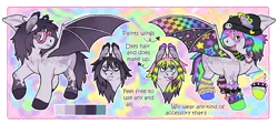 Size: 3342x1500 | Tagged: oc name needed, safe, artist:stimpower, derpibooru import, oc, unofficial characters only, bat pony, pony, >:d, >:p, bags under eyes, bat pony oc, bat wings, beanie, bracelet, choker, clothes, coat markings, colored hooves, colored wings, coontails, dappled, ear piercing, ear tufts, earring, eyeshadow, fangs, fluffy leg warmers, freckles, glasses, glow bracelets, gradient wings, hat, heart shaped glasses, hooves, image, jewelry, leg warmers, magical lesbian spawn, makeup, mismatched hooves, mismatched leg warmers, multicolored background, multicolored wings, offspring, open mouth, open smile, parent:inky rose, parent:moondancer, parents:inkydancer, patterned wings, piercing, png, purple eyeshadow, raised hoof, smiling, solo, spiked wristband, spread wings, striped leg warmers, teal eyes, tongue out, turned head, two toned mane, watermark, wings, wristband, yellow eyeshadow