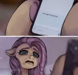 Size: 828x796 | Tagged: safe, artist:l4zy_4le, derpibooru import, fluttershy, pegasus, pony, g4, 2 panel comic, comic, female, floppy ears, frog (hoof), frown, hoof hold, image, jpeg, mare, mobile phone, open mouth, phone, signature, smartphone, solo, spanish, text, underhoof