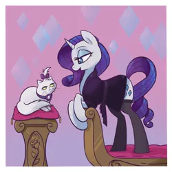 Size: 2048x2048 | Tagged: safe, artist:pfeffaroo, derpibooru import, opalescence, rarity, cat, pony, unicorn, g4, bed, clothes, duo, eyeshadow, female, high res, horn, image, leaning, lidded eyes, looking at each other, looking at someone, makeup, mare, nightgown, open mouth, pillow, png, profile, socks, stockings, talking, thigh highs