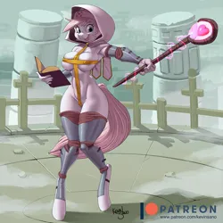 Size: 1000x1000 | Tagged: suggestive, artist:kevinsano, derpibooru import, nurse redheart, anthro, earth pony, unguligrade anthro, g4, armor, big breasts, book, breasts, busty nurse redheart, erect nipples, fantasy class, female, healer, hood, image, jpeg, nipple outline, skimpy outfit, solo, solo female, staff, unconvincing armor, wide hips