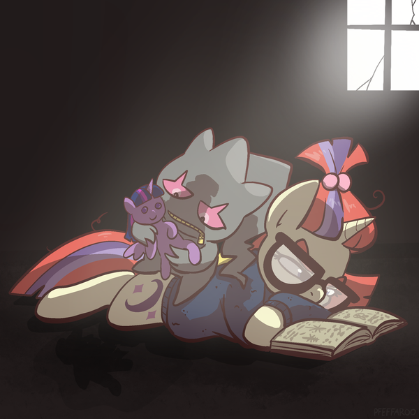 Size: 2048x2048 | Tagged: safe, artist:pfeffaroo, derpibooru import, moondancer, twilight sparkle, banette, pony, unicorn, g4, book, clothes, duo, female, frown, glasses, grudge, high res, holding, horn, image, indoors, looking at something, lying down, mare, moondancer's sweater, plushie, png, pokémon, prone, reading, sweater, twilight sparkle plushie, window