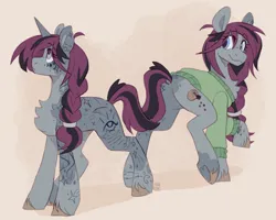 Size: 2500x2000 | Tagged: safe, artist:lionbun, derpibooru import, oc, oc:raspberry rasa, earth pony, pony, unicorn, character design, clothes, commission, earth pony oc, female, horn, image, mare, png, sketch, sweater, tattoo, unicorn oc