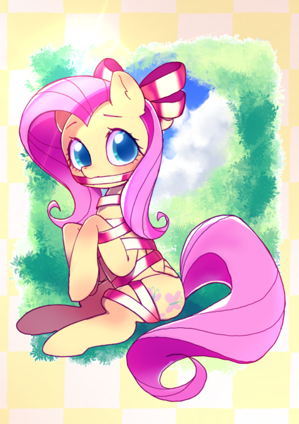 Size: 2480x3508 | Tagged: safe, artist:izuchi, derpibooru import, fluttershy, pegasus, pony, g4, abstract background, bound wings, bow, checkered background, cute, gag, hair bow, image, png, ribbon, ribbon bondage, shyabetes, sitting, solo, wings