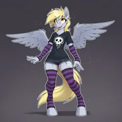 Size: 1024x1024 | Tagged: safe, ai content, machine learning generated, prompter:teaspoon, derpy hooves, anthro, pegasus, unguligrade anthro, g4, chest fluff, clothes, daisy dukes, denim, detached sleeves, eyebrows visible through hair, female, happy, image, leg warmers, open mouth, open smile, png, shirt, shorts, smiling, socks, solo, spread wings, stockings, striped leg warmers, striped socks, toeless legwear, toeless stockings, wings