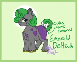 Size: 965x780 | Tagged: safe, artist:arsonrabbit, derpibooru import, oc, oc:emerald deltas, unofficial characters only, pony, unicorn, g4, abstract background, bow, chest fluff, circle background, covered cutie mark, digital art, ear fluff, female, gray coat, green eyes, green hair, green mane, green tail, hidden cutie mark, hooves, horn, image, looking at you, male to female, mare, paint, painted, passepartout, png, rule 63, signature, solo, tail, tail bow, text, trans female, transgender, transgender oc, unicorn oc, unshorn fetlocks, yellow hooves