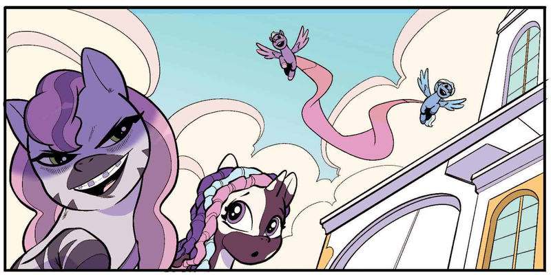 Size: 1648x824 | Tagged: safe, artist:yancey labat, derpibooru import, idw, violette rainbow, pegasus, zebra, g5, cropped, faic, flying, image, jpeg, my little pony: skye's secret, skye