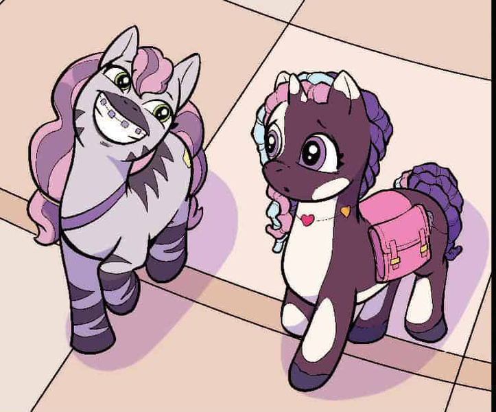 Size: 752x624 | Tagged: safe, artist:yancey labat, derpibooru import, idw, violette rainbow, zebra, g5, cropped, faic, grin, image, jpeg, my little pony: skye's secret, skye, smiling