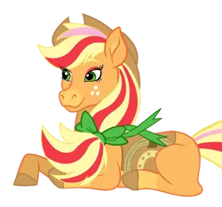 Size: 926x863 | Tagged: safe, artist:geekyzeekv2, artist:lavender-bases, derpibooru import, applejack, horse, pony, g4, alternate hair color, applejack's hat, base used, bow, colored hooves, cowboy hat, eyeshadow, female, freckles, gradient legs, gradient muzzle, hair bow, hat, hooves, image, lasso, lying down, makeup, mare, png, rope, saddle, simple background, smiling, solo, style emulation, tack, transparent background, wild manes, wild manesified