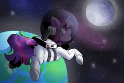 Size: 1095x730 | Tagged: safe, artist:stinkygooby, derpibooru import, twilight sparkle, pony, unicorn, g4, astronaut, earth, female, floating, horn, image, jpeg, mare, planet, solo, space, space helmet, spacesuit, stars, unicorn twilight, zero gravity