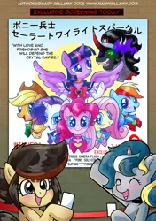 Size: 563x800 | Tagged: safe, artist:mary bellamy, derpibooru import, applejack, fluttershy, king sombra, pinkie pie, rainbow dash, rarity, twilight sparkle, twilight sparkle (alicorn), oc, alicorn, crystal pony, pony, unicorn, g4, antagonist, convention art, crossover, cyrstal mountain pony con, horn, image, jpeg, movie, poster, sailor moon, sailor moon (series), zorilita