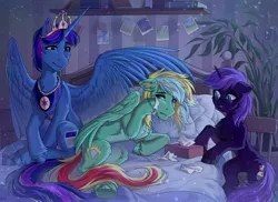 Size: 2048x1489 | Tagged: safe, artist:hakaina, ponerpics import, oc, unofficial characters only, pony, bed, crying, duo male and female, female, image, jpeg, male, mare, stallion