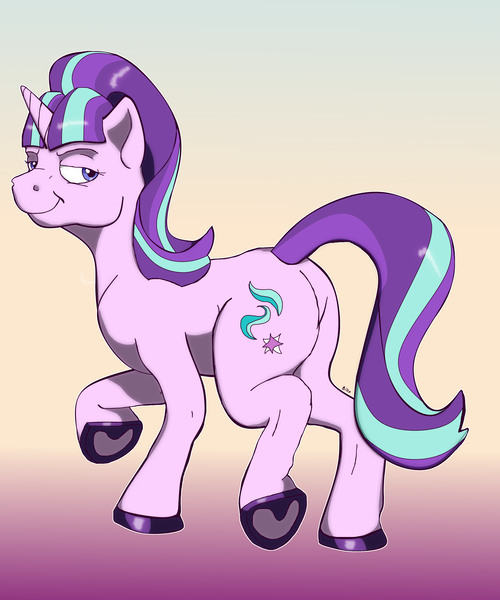 Size: 3024x3626 | Tagged: safe, artist:mcsplosion, derpibooru import, starlight glimmer, pony, unicorn, g4, female, gradient background, high res, horn, image, looking back, mare, png, raised hoof, s5 starlight, smiling, smirk, solo, standing on two hooves