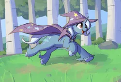 Size: 2376x1608 | Tagged: safe, artist:candel, derpibooru import, trixie, pony, unicorn, g4, birch tree, bush, cape, clothes, female, forest, grass, hat, horn, image, long fetlocks, mare, nature, png, rock, smiling, solo, tree, trixie's cape, trixie's hat, unshorn fetlocks