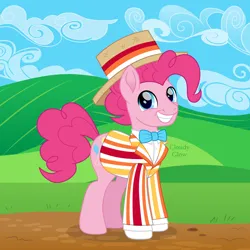 Size: 2000x2000 | Tagged: safe, artist:cloudy glow, derpibooru import, pinkie pie, earth pony, pony, g4, bert, bubble berry, clothes, disney, hat, image, looking at you, male, mary poppins, png, rule 63, smiling, straw hat, vest